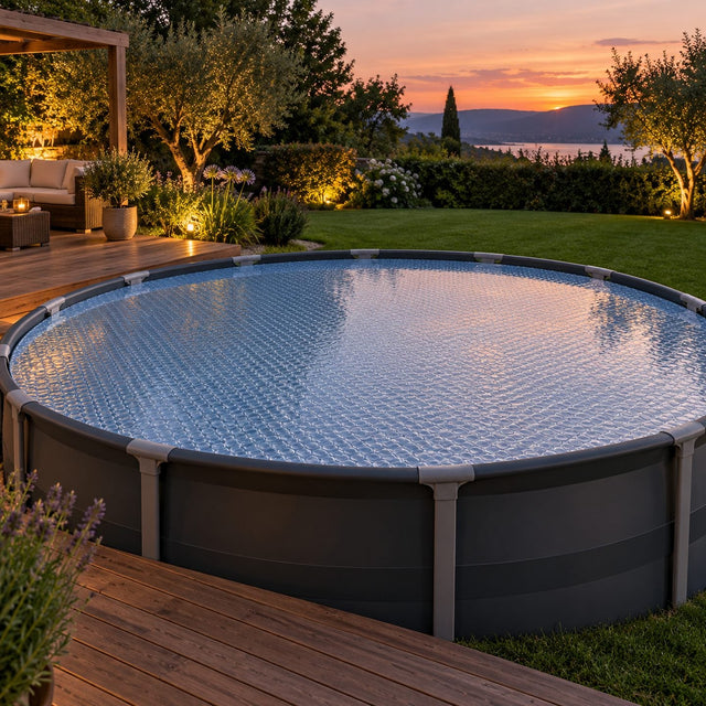 Piscine hors sol ronde entièrement recouverte d'une bâche à bulles bien à plat