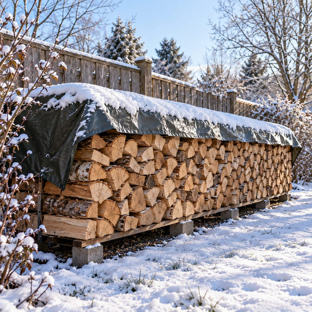 Longue pile de bûches contre une clôture de jardin en hiver, légère couche de neige sur la bâche du dessus, côtés ouverts et bûches claires visibles, lumière froide du matin