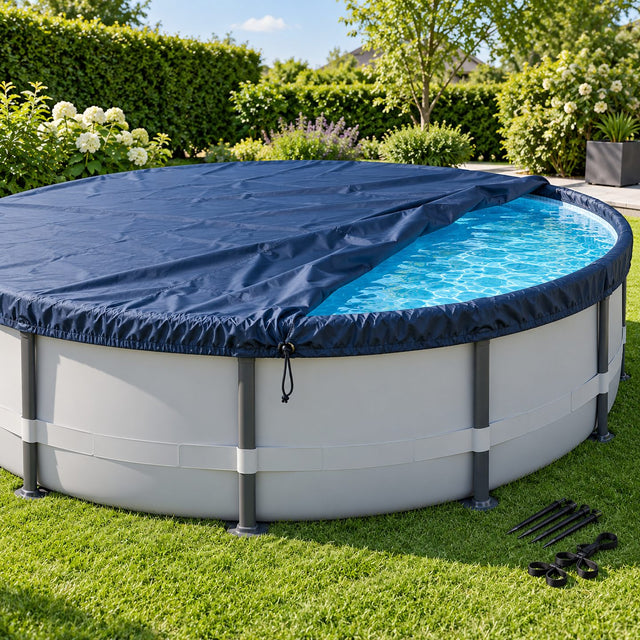 Bâche bleue posée sur une piscine hors sol ronde avec son cordon de serrage tendu autour du bord