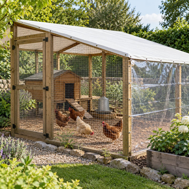 Parcours de poules avec un toit de bâche blanche tendu en pente douce sur des poteaux en bois et un panneau de bâche transparente côté vent