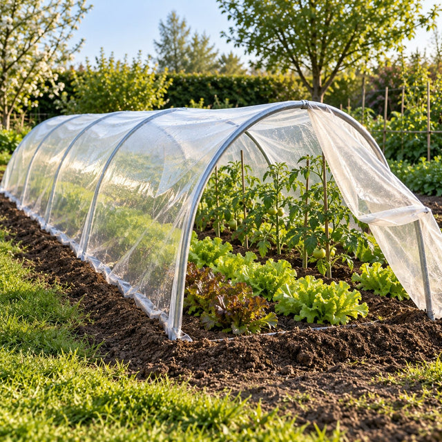 Tunnel de jardin couvert d'un film transparent bien tendu, bords enterrés, une extrémité ouverte pour aérer, salades et jeunes tomates à l'intérieur