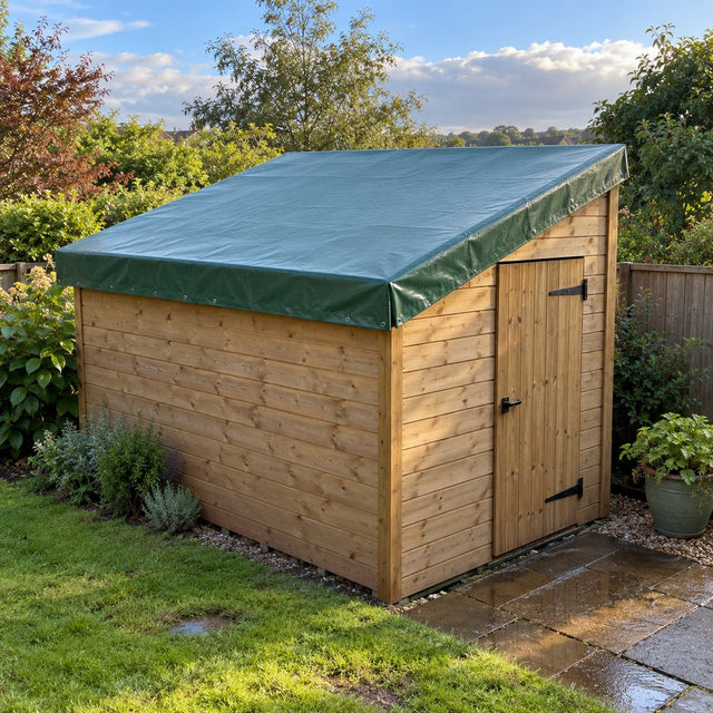 Abri de jardin en bois dont le toit est entièrement recouvert d’une bâche verte tendue, avec un débord bien net au sommet et sur les côtés