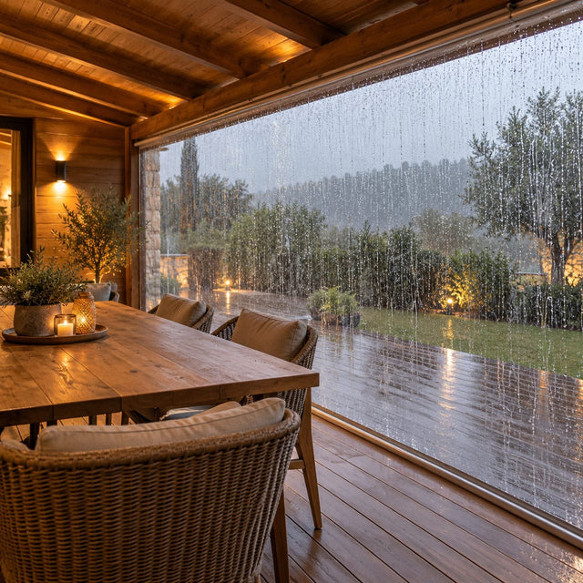 Terrasse couverte fermée sur un côté par une bâche transparente tendue, la pluie ruisselant à l'extérieur et le mobilier au sec
