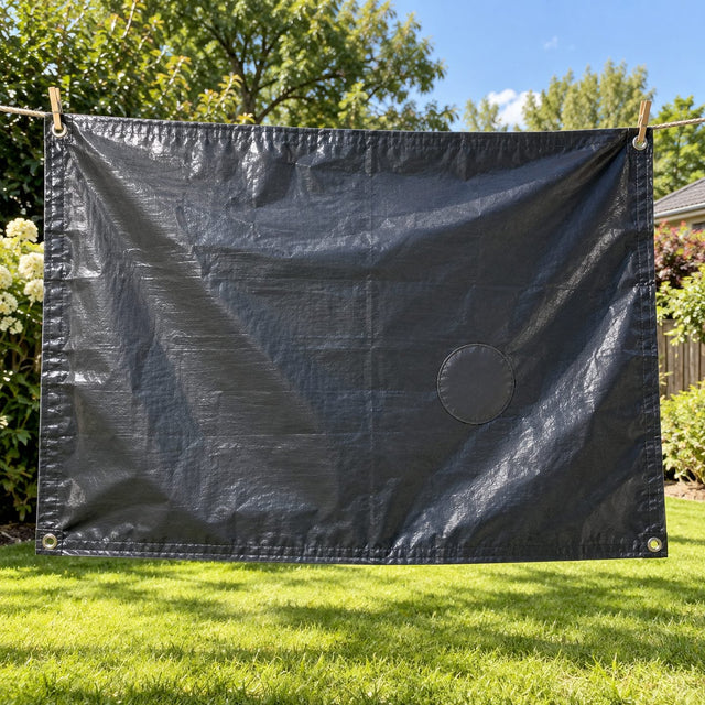 Bâche PVC sombre réparée par une pièce ronde bien plaquée, étendue sur une corde dans un jardin ensoleillé