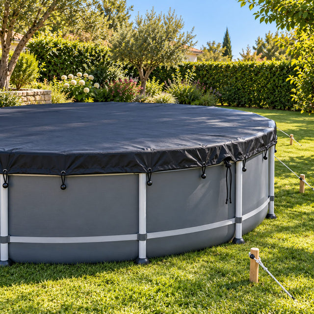 Piscine ronde hors sol avec une bâche sombre tendue, tenue par des sandows répartis, un cordon serré et des cordes tendues vers des piquets