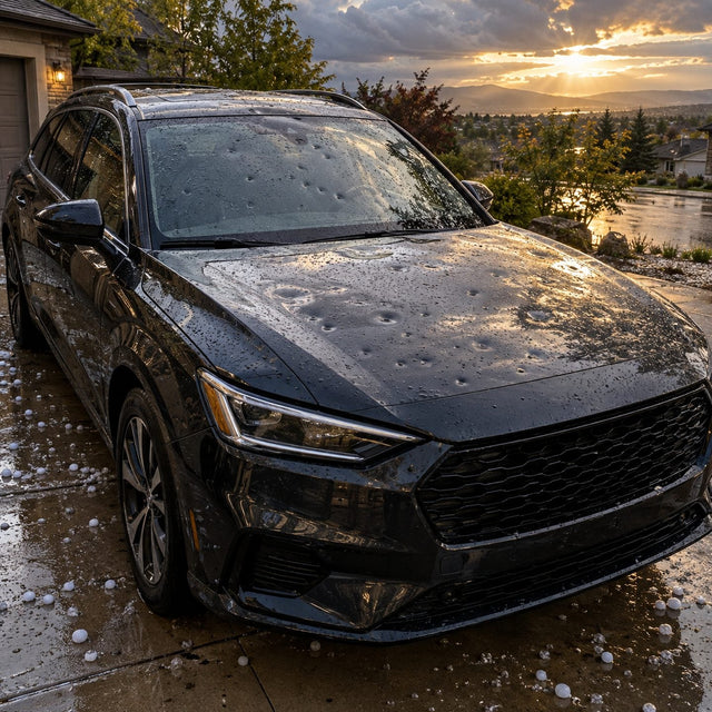 Voiture après un orage de grêle, capot et toit éclairés en lumière rasante, grêlons fondant sur le sol mouillé