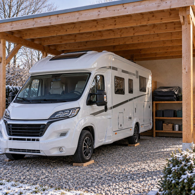 Camping-car à l'abri sous un grand auvent en bois en hiver, pneus posés sur des cales, housse de toit pliée sur une étagère