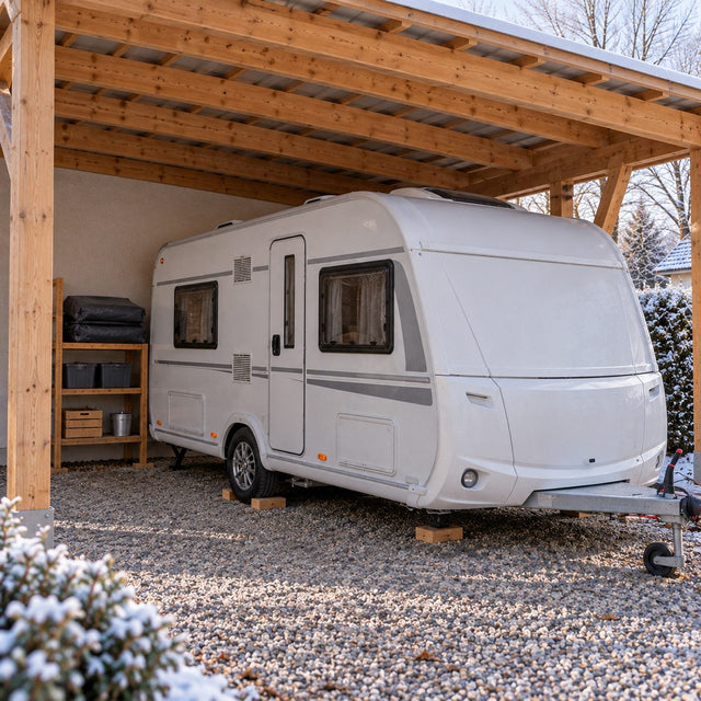 Caravane calée sous un abri en bois ouvert en hiver, roues posées sur des cales, housse de toit pliée sur une étagère