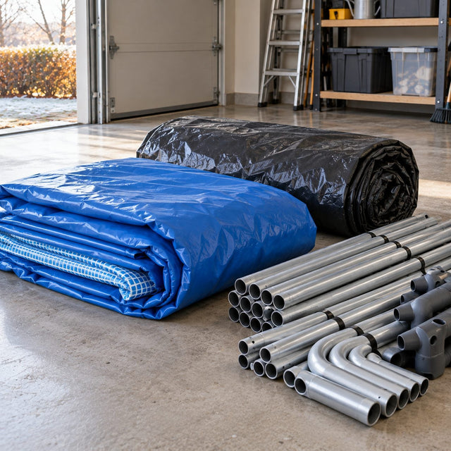 Liner de piscine bleu plié, tubes de structure rangés et couverture roulée posés sur le sol d’un garage