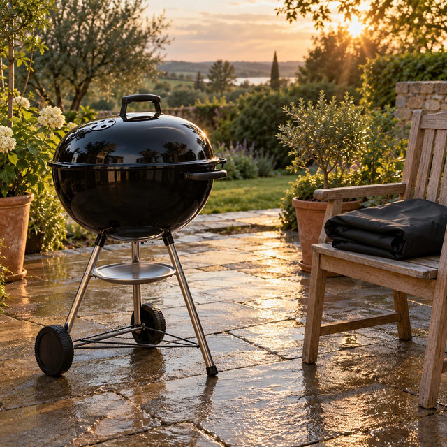 Barbecue rond propre et sec sur une terrasse après la pluie, sa housse noire pliée sur une chaise en bois à côté
