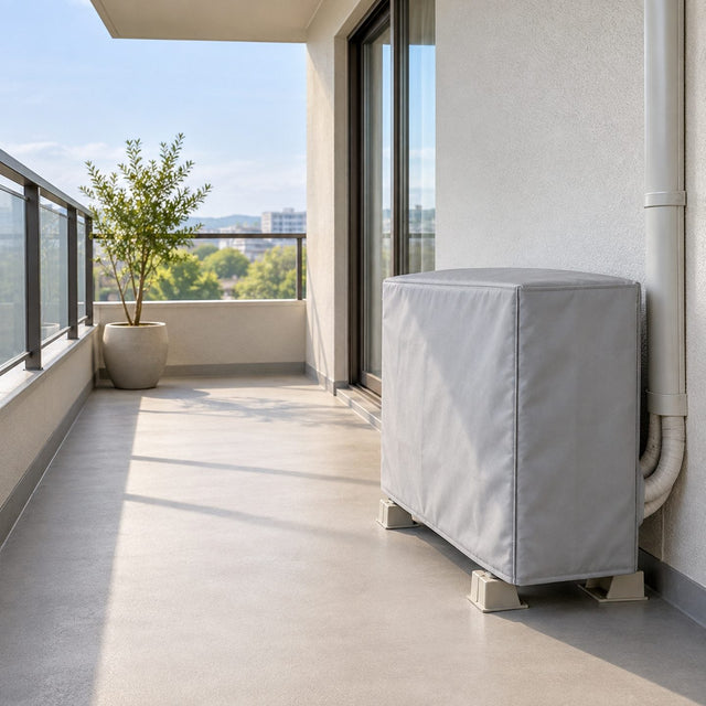 Balcon propre d'un immeuble avec un groupe extérieur de climatisation protégé par une housse claire, dégagement visible autour de l'appareil