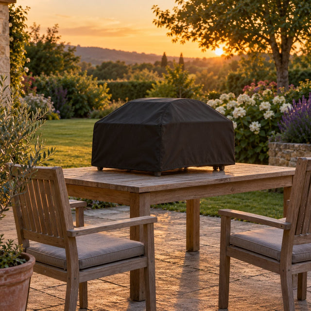 Four à pizza portable entièrement couvert d'une housse noire bien ajustée sur une table de jardin