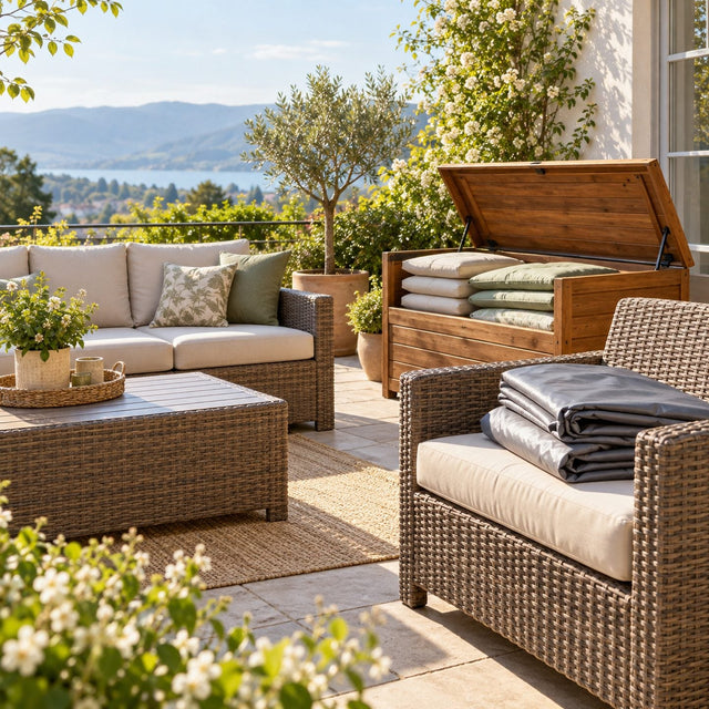 Salon de jardin propre et sec au printemps, bâche grise pliée sur une chaise et coussins rangés dans un coffre ouvert