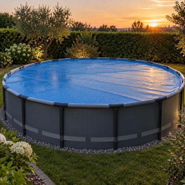 Piscine ronde hors sol entièrement couverte d’une bâche à bulles bleue bien tendue, avec une légère buée sur le film