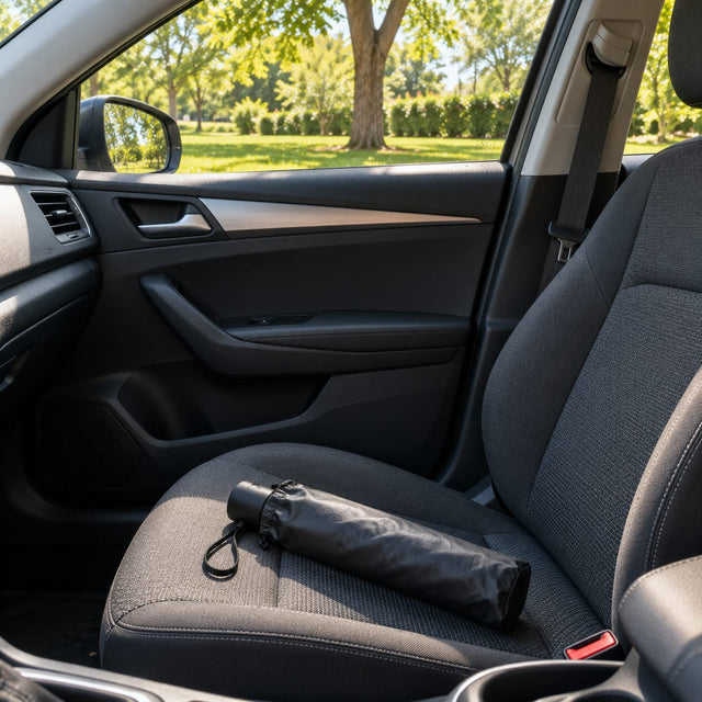 Pare-soleil parapluie replié dans son étui noir, posé sur le siège passager d'une voiture garée à l'ombre