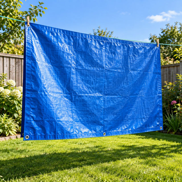 Bâche bleue propre qui sèche sur une corde à linge dans un jardin ensoleillé