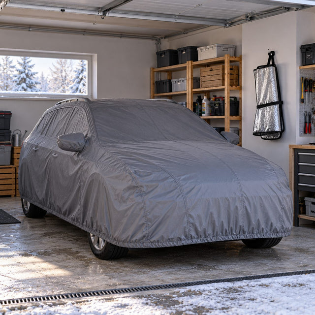 Garage bien rangé en hiver avec une voiture grise sous une housse légère, protection de pare-brise argentée pliée sur un crochet, étagère à outils, lumière douce