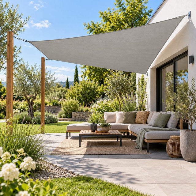 Voile d'ombrage rectangulaire grise tendue en pente au-dessus d'un salon de jardin bas