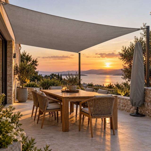 Voile d'ombrage grise tendue au-dessus d'une table de terrasse, avec un parasol fermé et sa housse rangé dans un coin