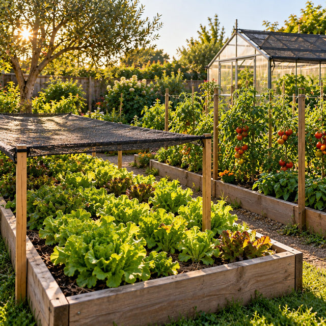 Potager verdoyant en fin de journée avec un voile d'ombrage ajouré au-dessus des salades et une petite serre ombragée en arrière-plan