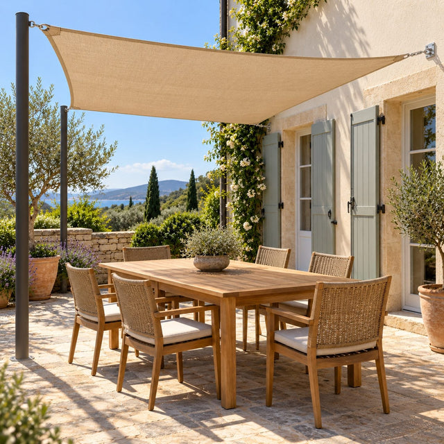 Terrasse dallée avec une voile d’ombrage rectangulaire sable tendue en légère pente au-dessus de la table et des chaises