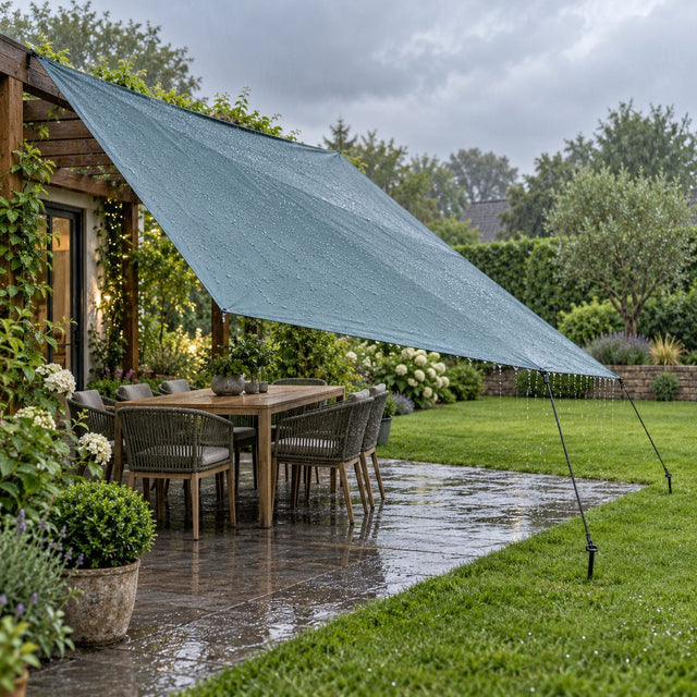 Bâche bleu-vert bien tendue en pente au-dessus d'une table et de chaises de jardin, avec des gouttes de pluie qui ruissellent d'un côté