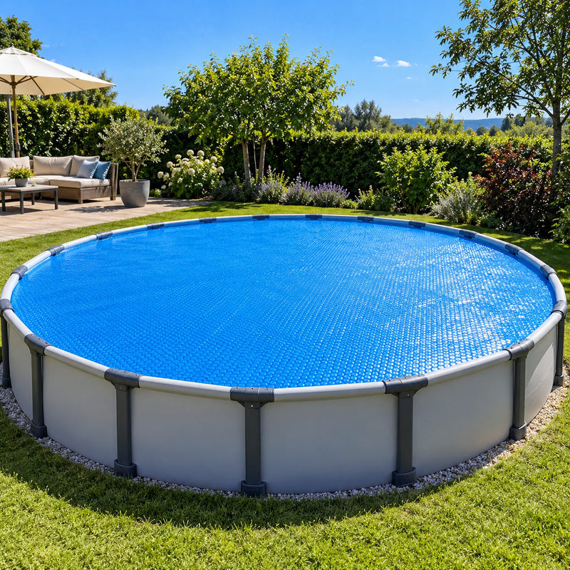 Piscine ronde hors sol entièrement recouverte d’une bâche à bulles bleue qui brille au soleil, dans un jardin d’été