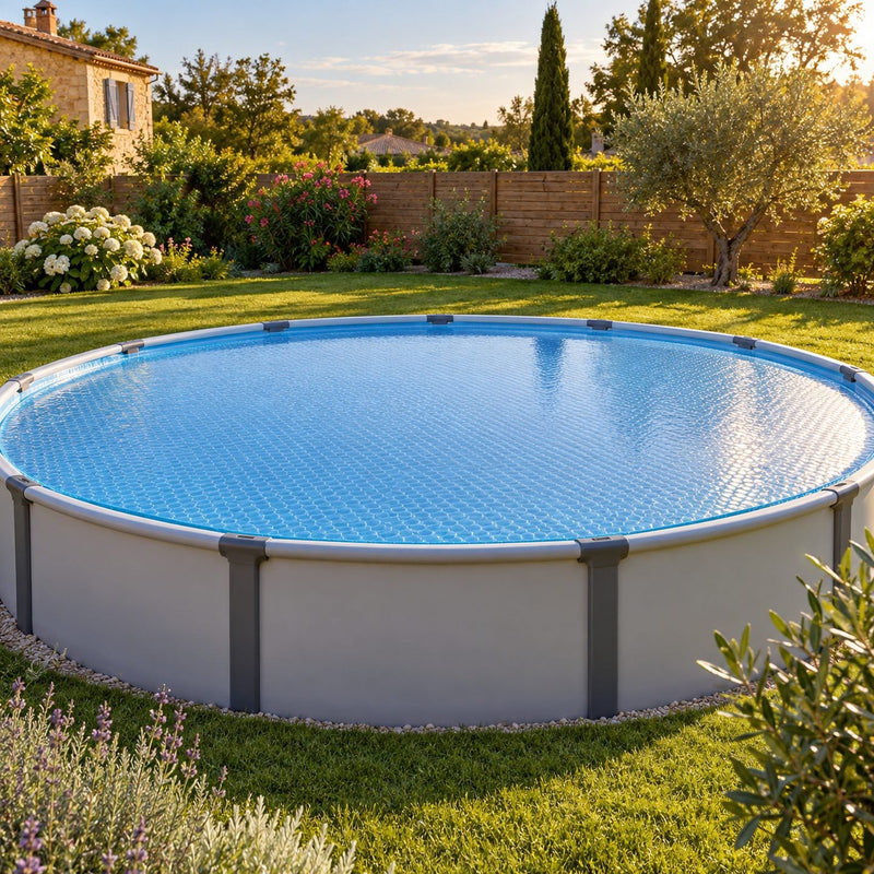 Piscine hors sol recouverte d'une bâche à bulles bien posée, lisse et sans plis