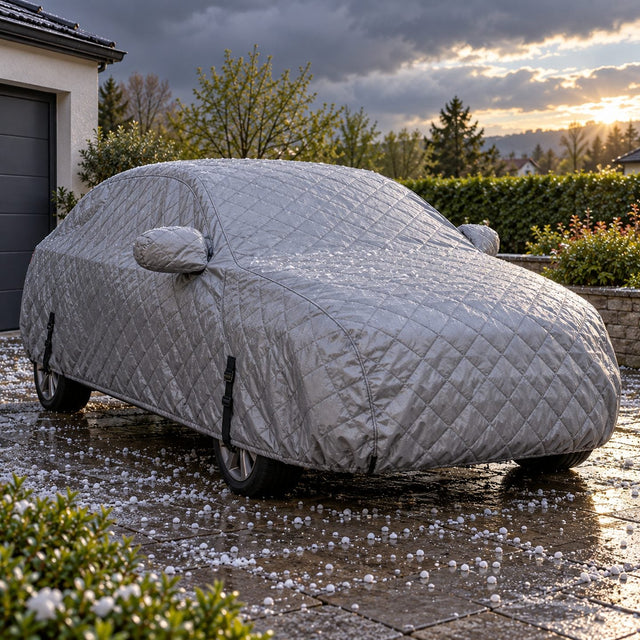 Voiture recouverte d’une housse matelassée aux sangles tendues, avec des grêlons restés au sol après l’orage