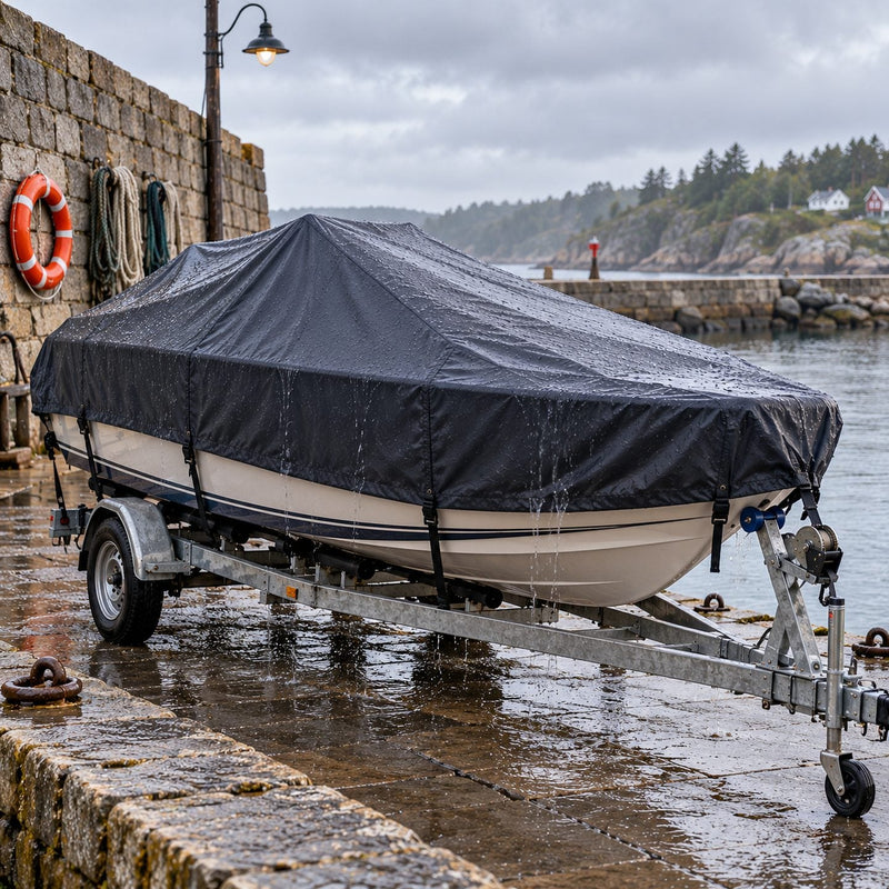 Bateau recouvert d'une housse tendue sur sa remorque près d'un quai en pierre après la pluie, l'eau s'écoulant de chaque côté de la toile