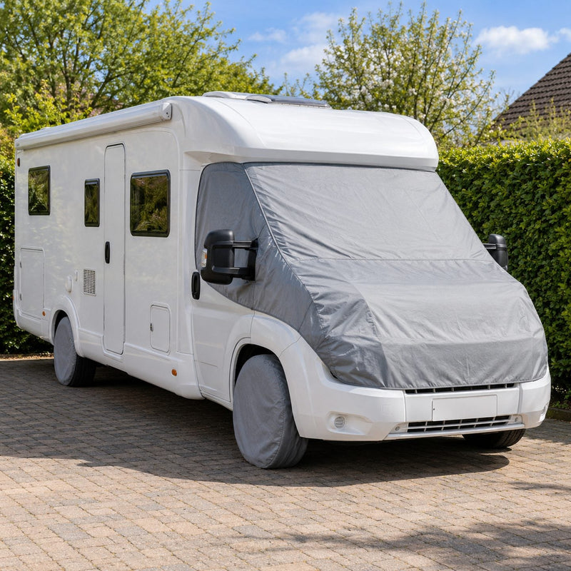 Camping-car garé au soleil au printemps, pare-brise et capot protégés par une housse grise, toit propre et deux housses de roue sur les pneus