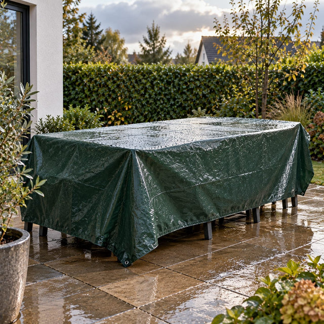 Salon de jardin protégé par une bâche tendue sur laquelle l'eau perle après une averse