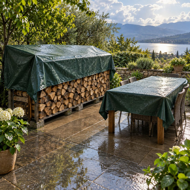 Tas de bois et table de jardin couverts de bâches vertes tendues en pente, la pluie ruisselant sur la toile