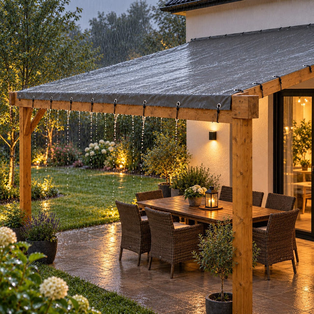Pergola couverte d'une toile tendue en pente, la pluie ruisselant vers le bord bas et la table restant au sec dessous