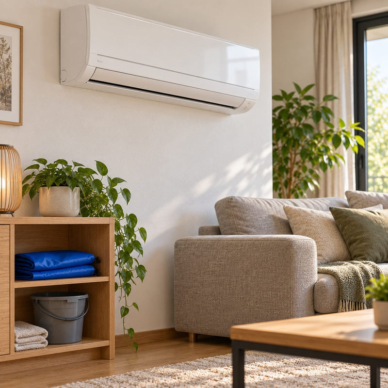 Salon lumineux et rangé avec un climatiseur mural blanc refermé et propre, sol sec, bâche bleue pliée et petit seau rangés sur une étagère