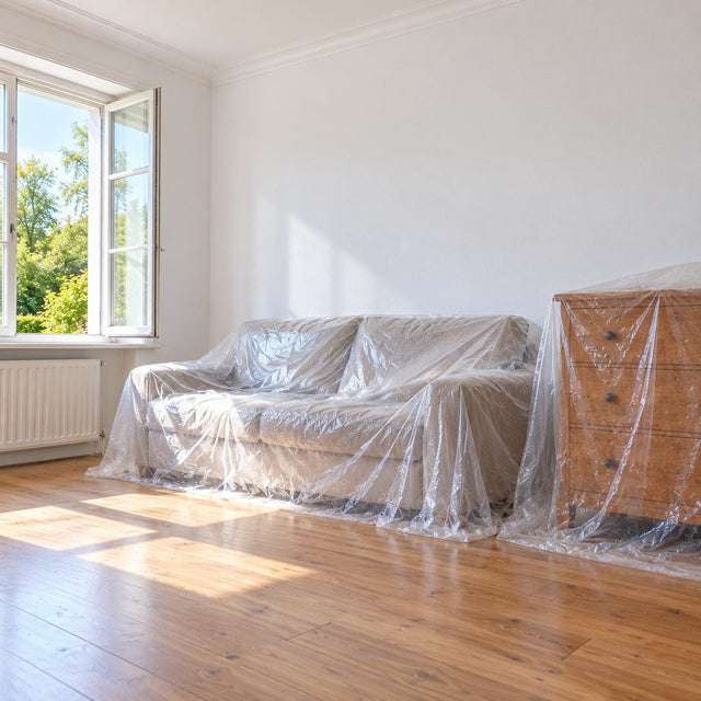 Salon fraîchement repeint en blanc, meubles encore recouverts d'un film plastique transparent et sol propre sans aucune tache, fenêtre grande ouverte, lumière du jour