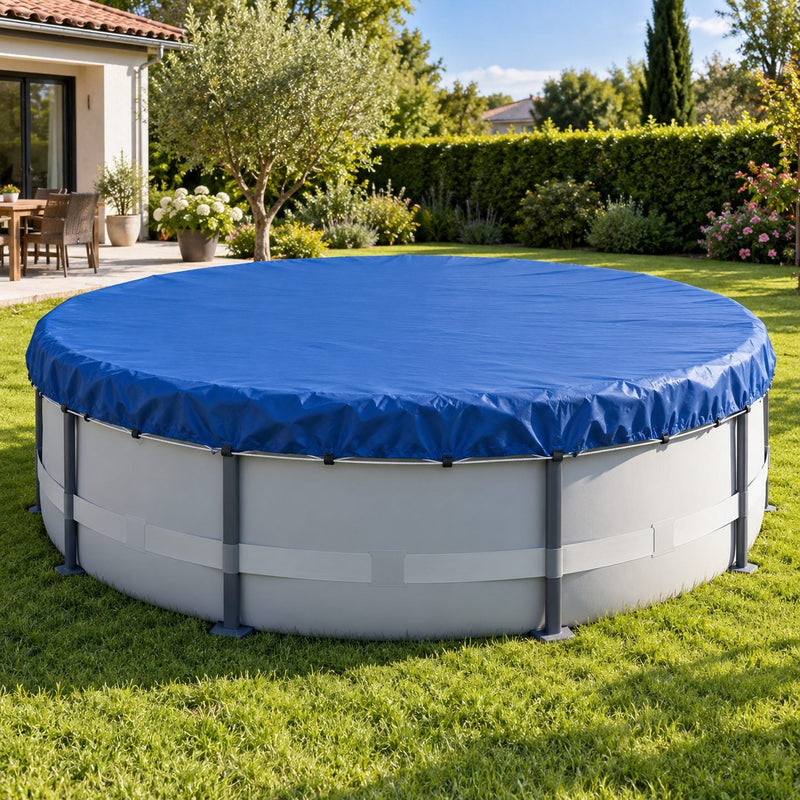 Piscine ronde hors sol recouverte d’une bâche bleue bien tendue, cordon serré, dans un jardin ensoleillé