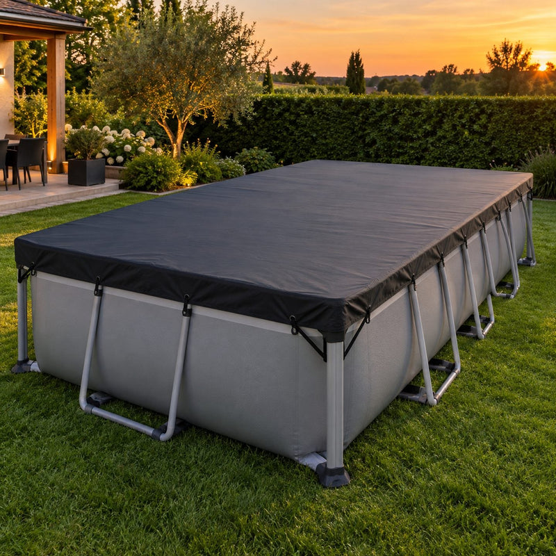 Piscine rectangulaire hors sol entièrement recouverte d'une bâche sombre bien tendue, sandows accrochés aux montants d'angle
