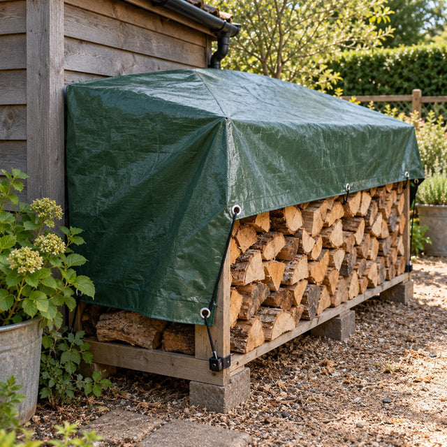 Pile de bois recouverte d'une bâche verte à œillets bien tendue, au coin d'un abri de jardin