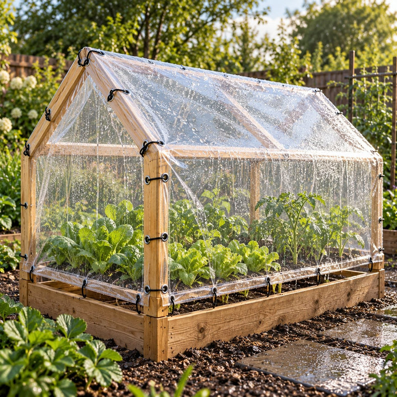 Petite structure de jardin recouverte d'une bâche transparente tendue, des gouttes de pluie sur la surface et un bas laissé ouvert pour l'air