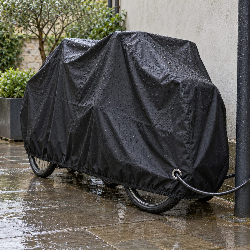Deux vélos côte à côte sous une même housse noire bien tendue dans une cour, pluie fine qui perle sur le tissu