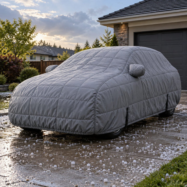 Voiture protégée par une housse fixée par des sangles après un orage de grêle