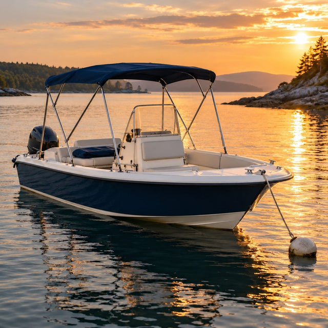 Bateau au mouillage dans une baie calme en fin de journée, bimini bleu bien tendu qui ombrage le cockpit