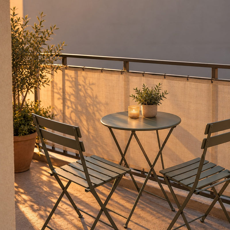 Balcon d’appartement avec un écran brise-vue beige tendu sur toute la longueur du garde-corps, petite table et deux chaises
