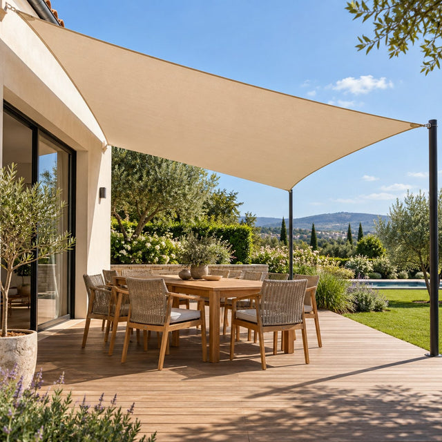 Voile d'ombrage sable parfaitement tendu qui donne une ombre régulière sur une terrasse en bois avec table et chaises
