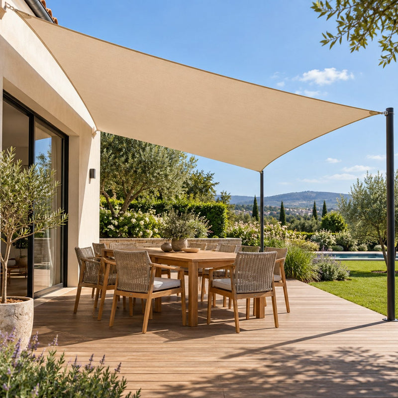 Voile d'ombrage sable parfaitement tendu qui donne une ombre régulière sur une terrasse en bois avec table et chaises