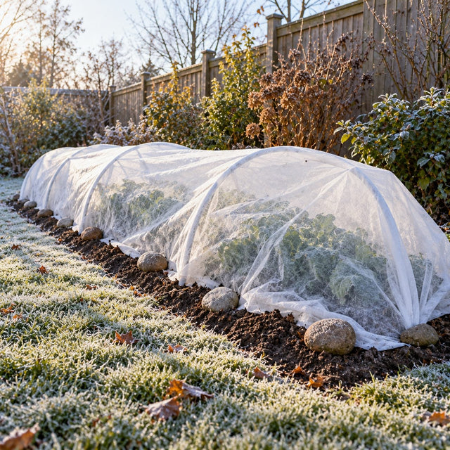 Rang de plantes protégé par un voile d’hivernage blanc tendu sur des arceaux, bords enterrés et tenus par des pierres, herbe gelée autour au petit matin
