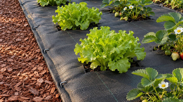 Planche de potager couverte d'une toile noire, jeunes salades et fraisiers sortant de petites fentes en croix, bords fixés par des agrafes métalliques et chemin d'écorces à côté