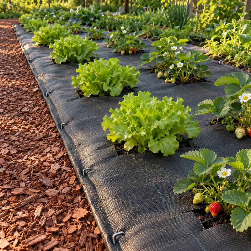 Planche de potager couverte d'une toile noire, jeunes salades et fraisiers sortant de petites fentes en croix, bords fixés par des agrafes métalliques et chemin d'écorces à côté