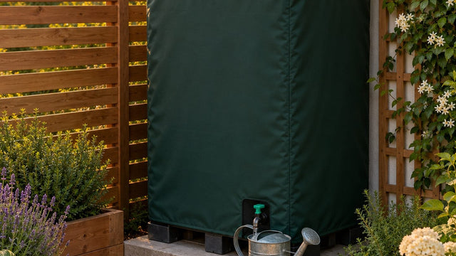Coin de jardin bien rangé : housse verte ajustée sur une cuve de 1 000 litres posée sur une dalle, écran de lames de bois sur un côté, plantes grimpantes sur un treillage et arrosoir sous l'ouverture de la vanne